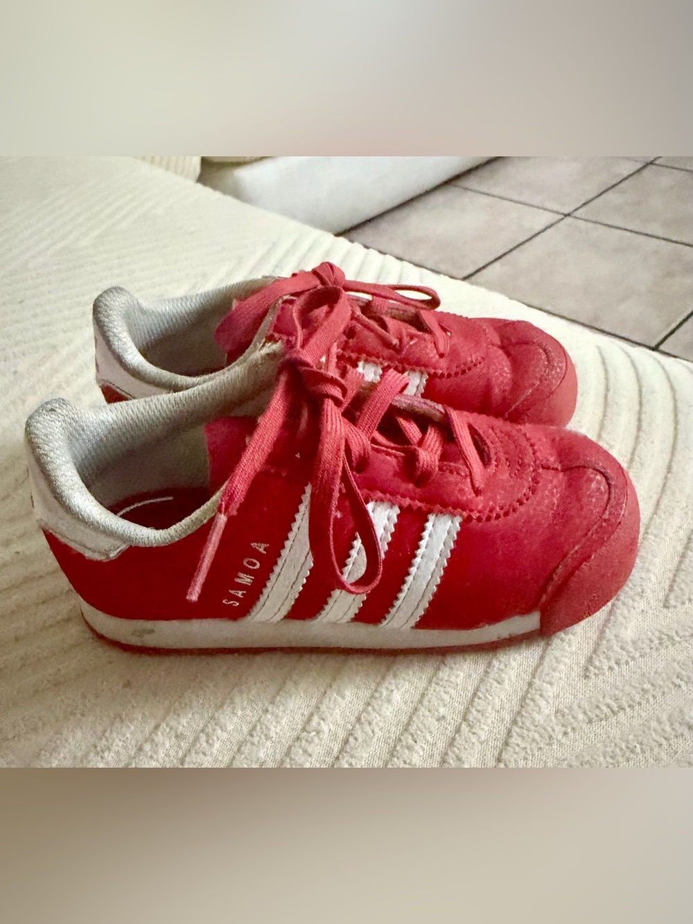 adidas Kids Red Sneakers with White Stripes